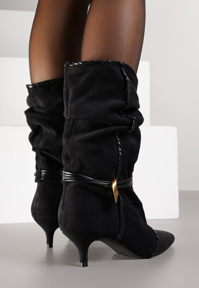 c&l fashion Botine Negre pe Toc Tip Pisică Slouchy Decorate cu Aplicație Metalică și Șnur Avodvire