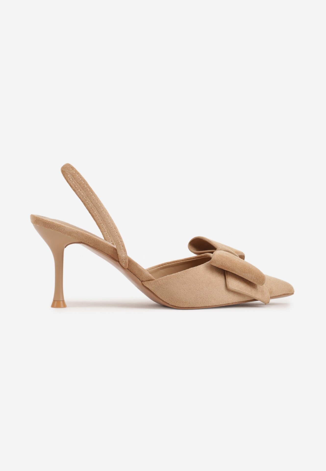 c&l fashion Pantofi cu toc Bej închis din imitație de piele întoarsă cu baretă la călcâi și cu fundă decorativă Themigeia
