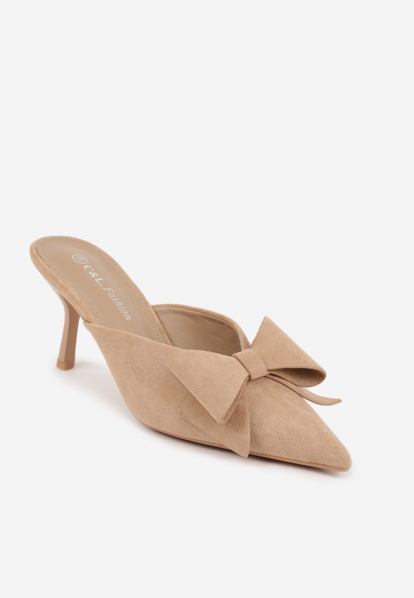 c&l fashion Papuci bej închis Mule pe toc cui cu fundiță Kimoseis