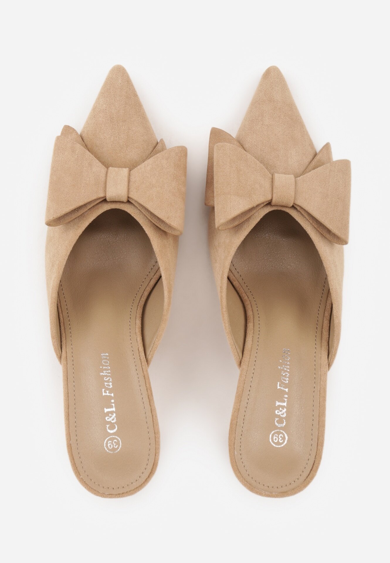 c&l fashion Papuci bej închis Mule pe toc cui cu fundiță Kimoseis