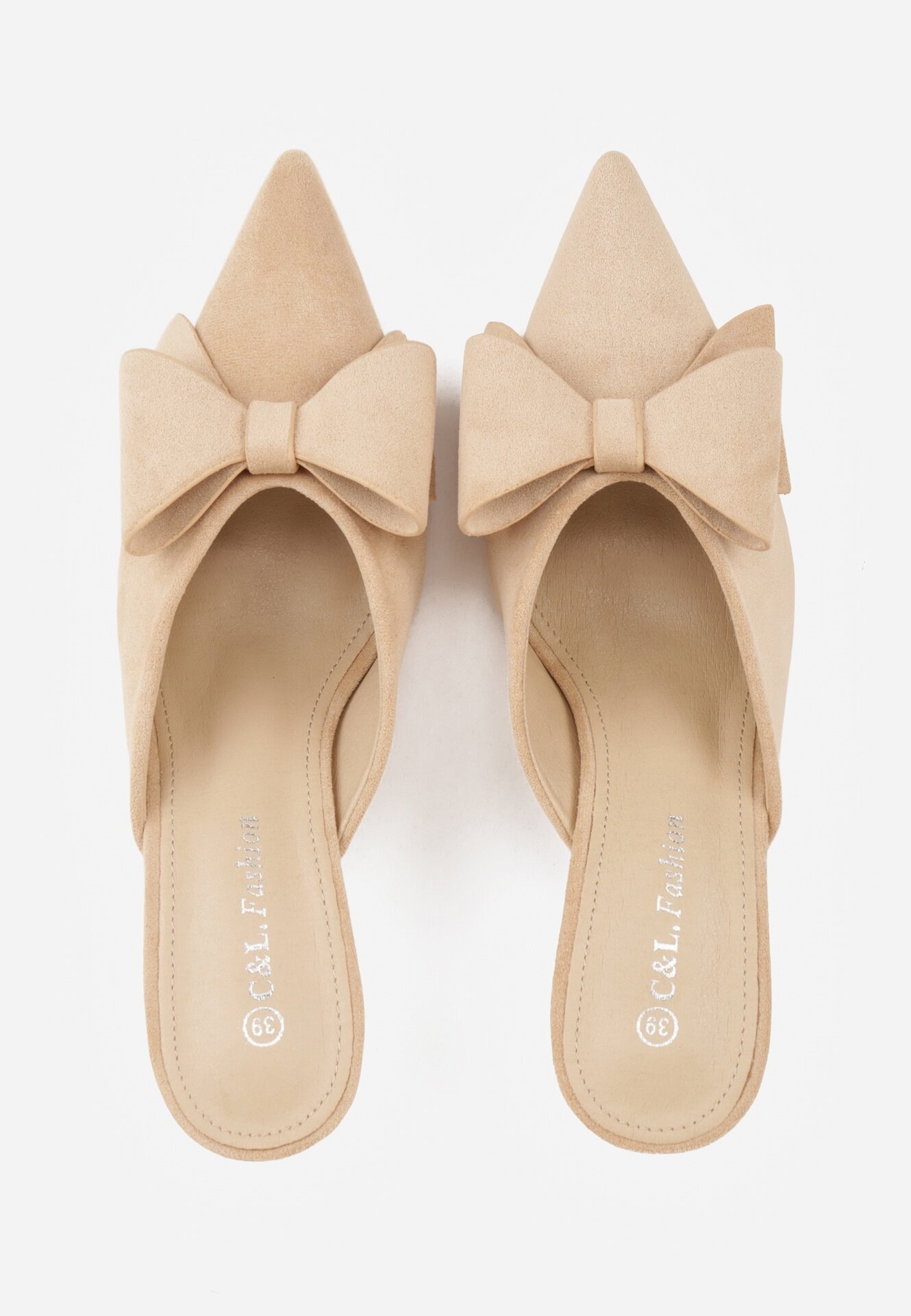 c&l fashion Papuci tip Mule Bej cu toc stiletto cu fundiță Kimoseis