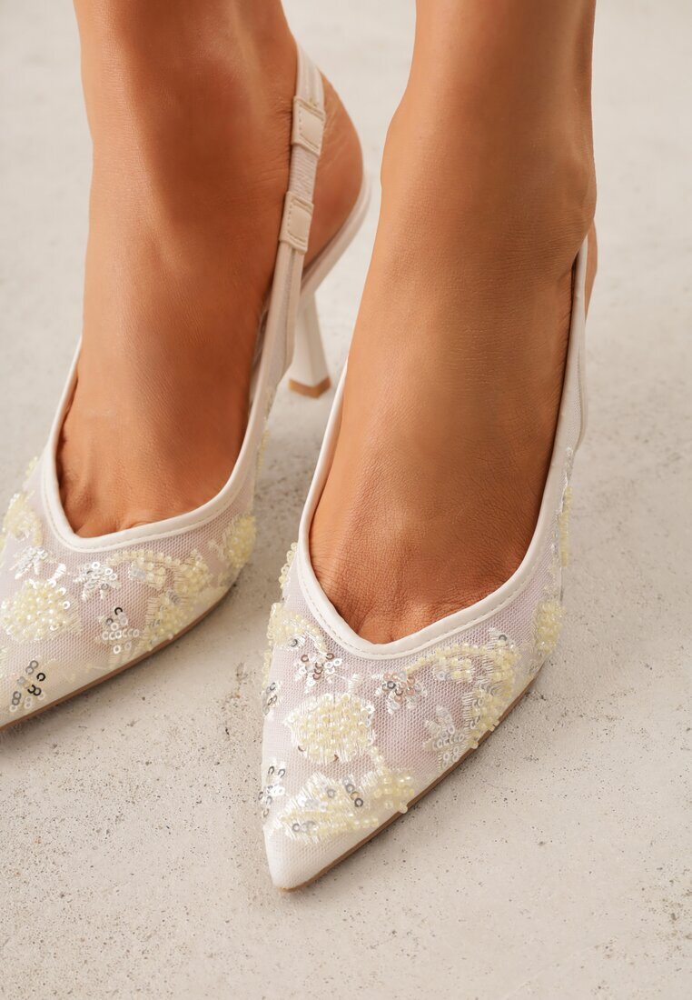 c&l fashion Sandale bej cu toc stiletto Slingback cu paiete Resseris