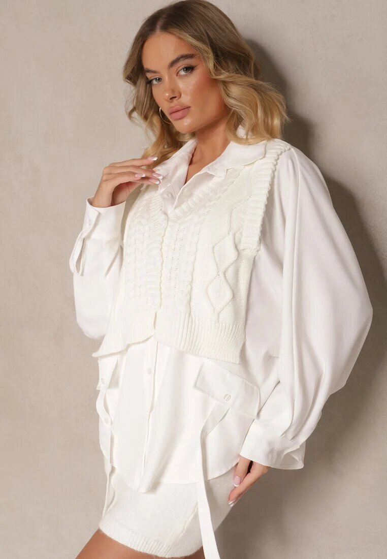  Cămașă Bej deschis tip liliac cu Vestă aplicată din tricot Hanoreth