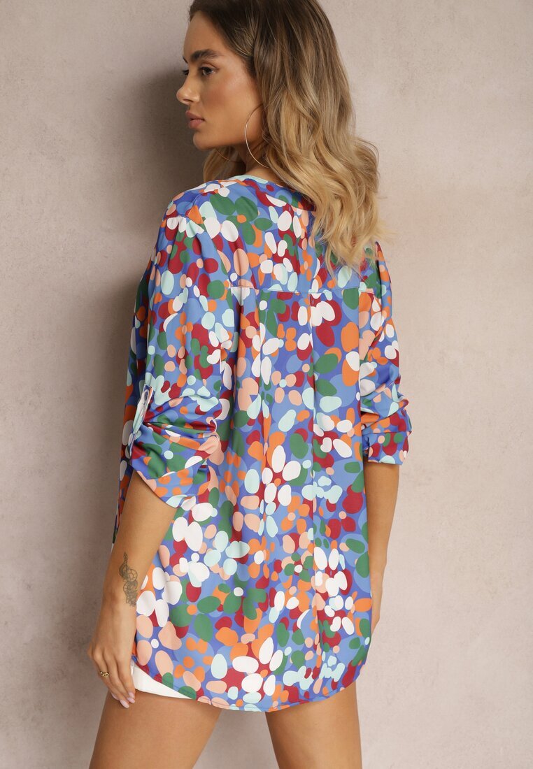  Cămașă bleumarin cu model floral abstract și nasturi la decolteu Exina