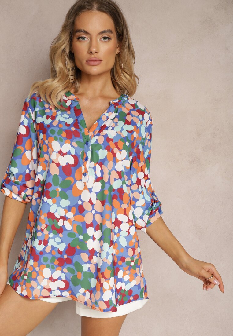  Cămașă bleumarin cu model floral abstract și nasturi la decolteu Exina