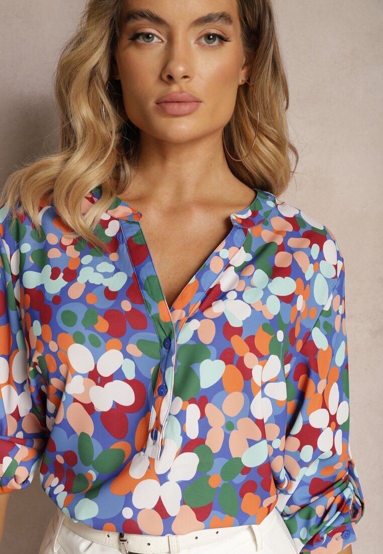  Cămașă bleumarin cu model floral abstract și nasturi la decolteu Exina