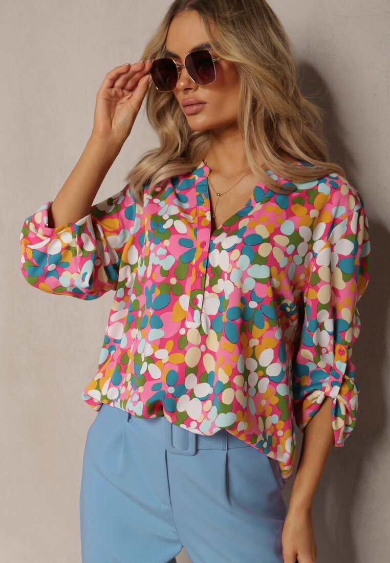  Cămașă Fucsia cu Imprimeu Floral Abstract cu Nasturi La Decolteu Exina