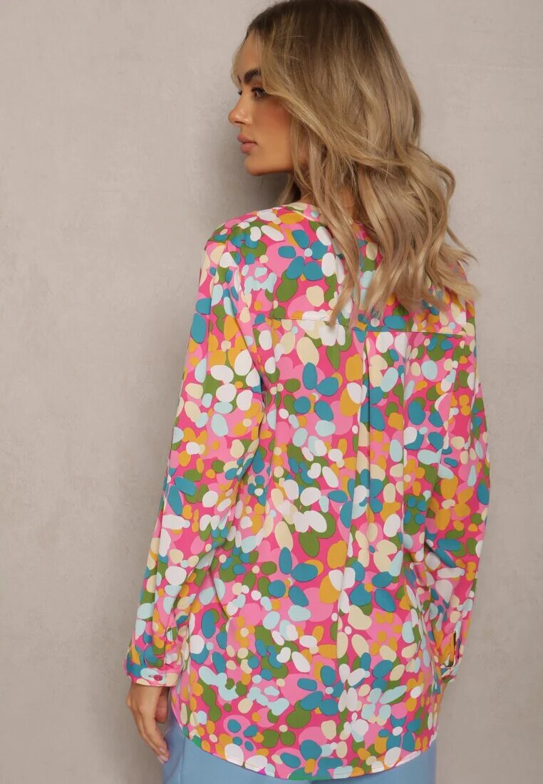  Cămașă Fucsia cu Imprimeu Floral Abstract cu Nasturi La Decolteu Exina