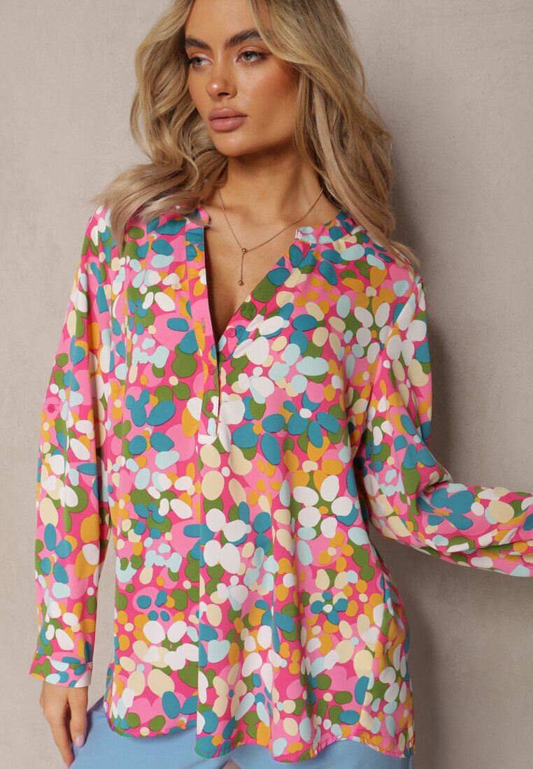  Cămașă Fucsia cu Imprimeu Floral Abstract cu Nasturi La Decolteu Exina