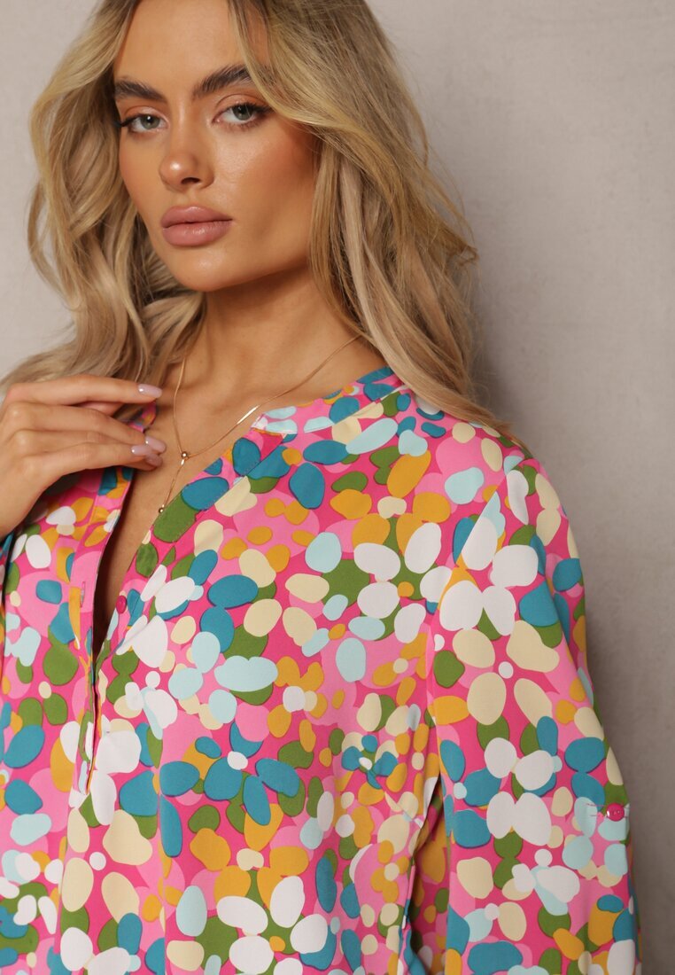  Cămașă Fucsia cu Imprimeu Floral Abstract cu Nasturi La Decolteu Exina