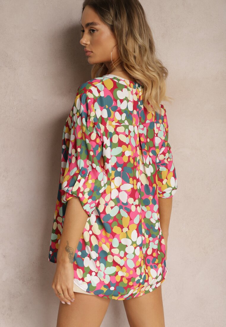  Cămașă Roz închisă cu Model Abstract Floral cu Nasturi la Decolteu Exina
