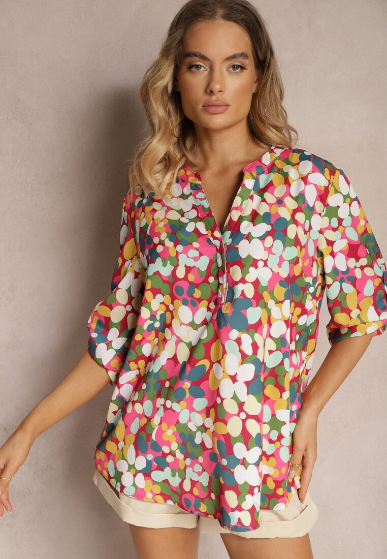  Cămașă Roz închisă cu Model Abstract Floral cu Nasturi la Decolteu Exina