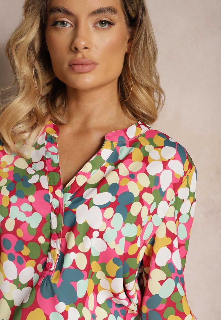  Cămașă Roz închisă cu Model Abstract Floral cu Nasturi la Decolteu Exina