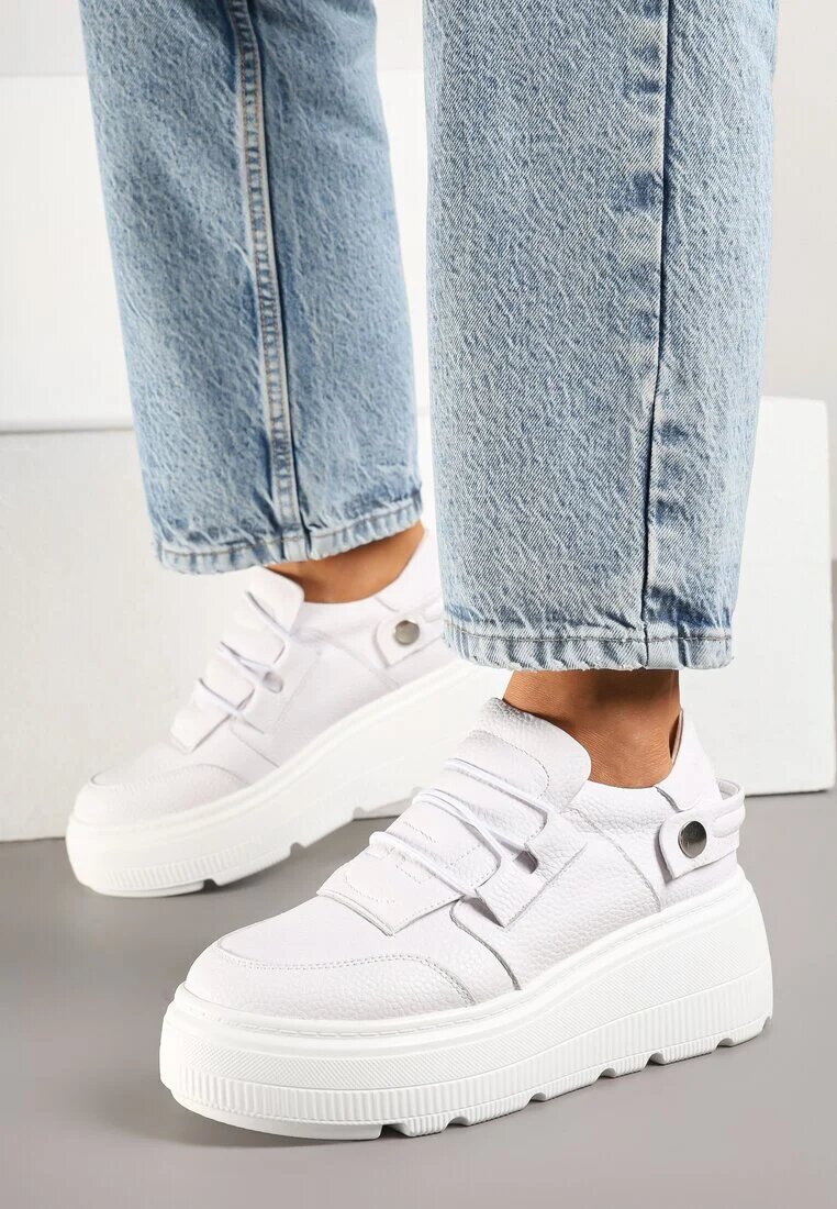 cambell Adidași Albi pe Platformă din Piele Naturală cu Baretă Decorativă Reselle