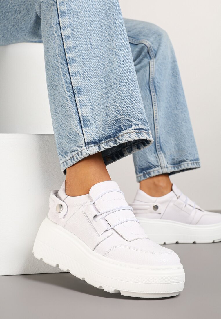 cambell Adidași Albi pe Platformă din Piele Naturală cu Baretă Decorativă Reselle