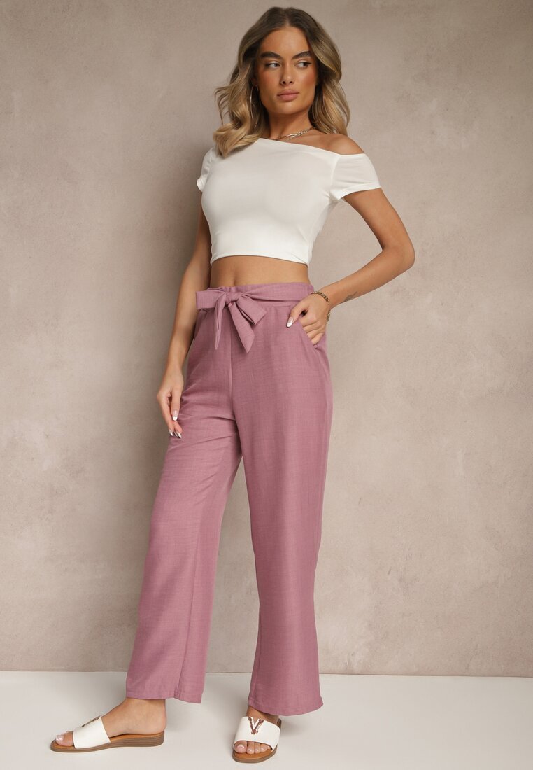 cantarana Pantaloni Roz închis cu picior larg și elastic în talie Decorați cu legătură Mireniela