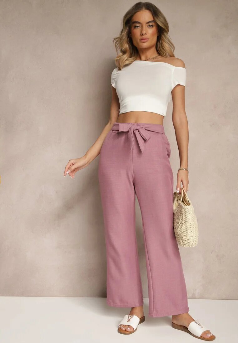 cantarana Pantaloni Roz închis cu picior larg și elastic în talie Decorați cu legătură Mireniela