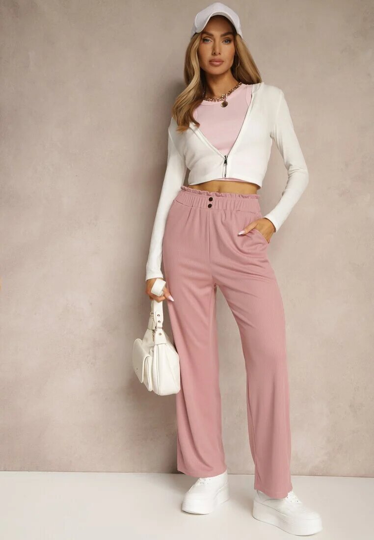 cantarana Pantaloni roz talie înaltă stil paper bag cu elastic în talie Lunalitia