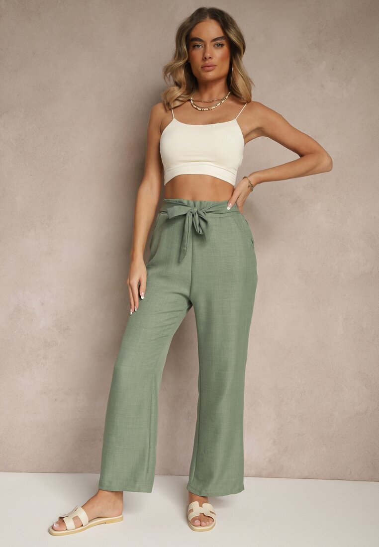 cantarana Pantaloni Verde închis cu croială largă și elastic în talie decorați cu șnur Mireniela