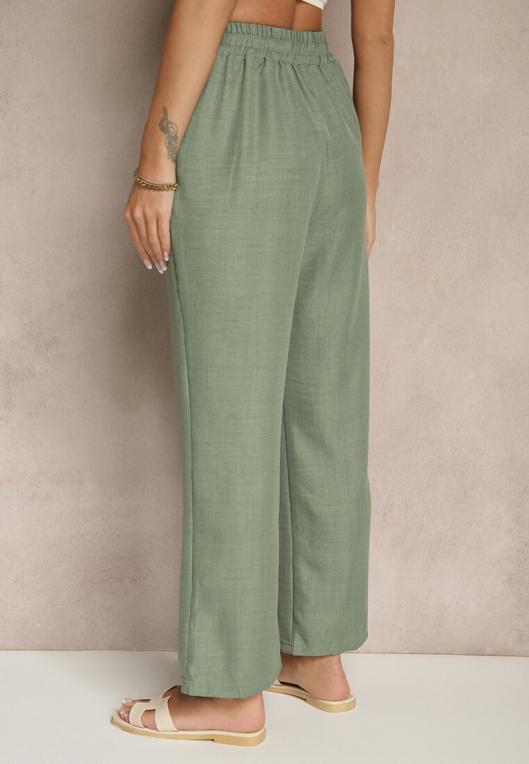 cantarana Pantaloni Verde închis cu croială largă și elastic în talie decorați cu șnur Mireniela