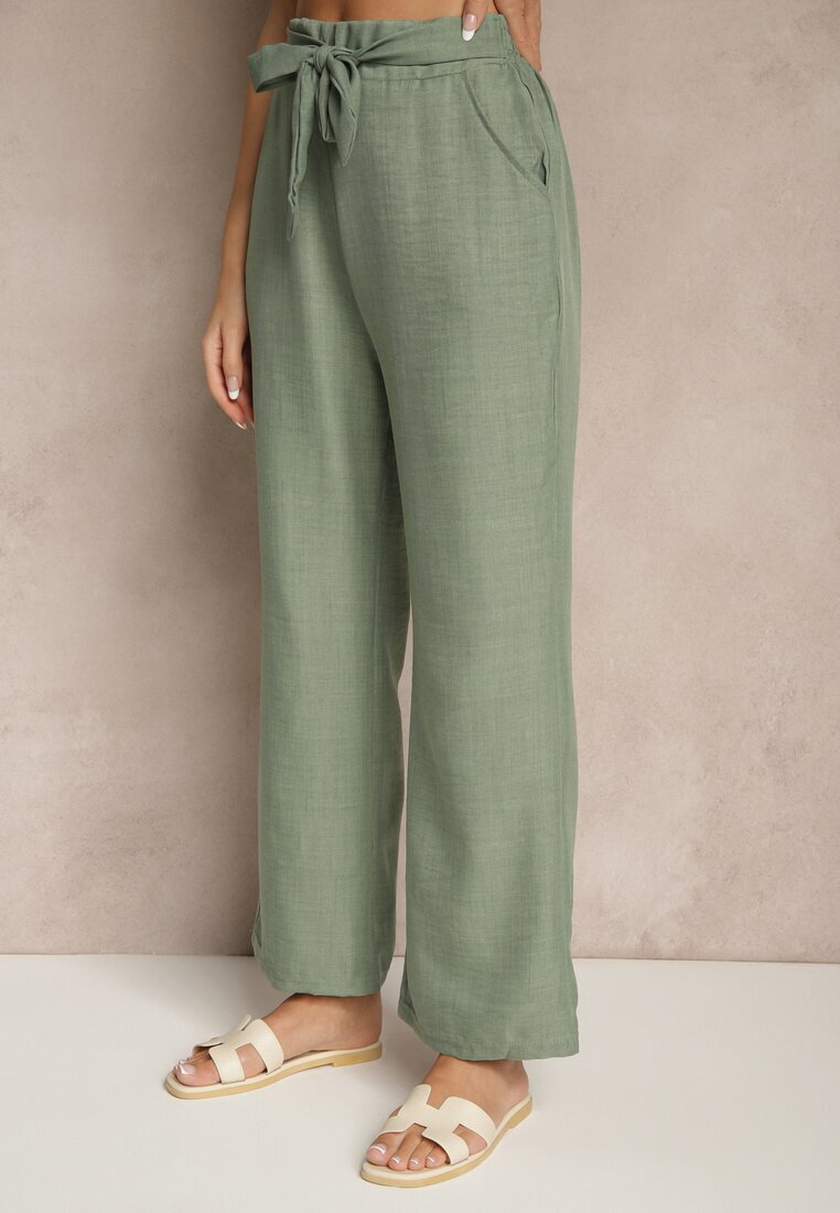 cantarana Pantaloni Verde închis cu croială largă și elastic în talie decorați cu șnur Mireniela