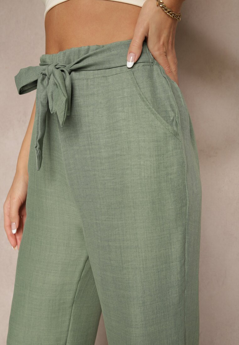 cantarana Pantaloni Verde închis cu croială largă și elastic în talie decorați cu șnur Mireniela