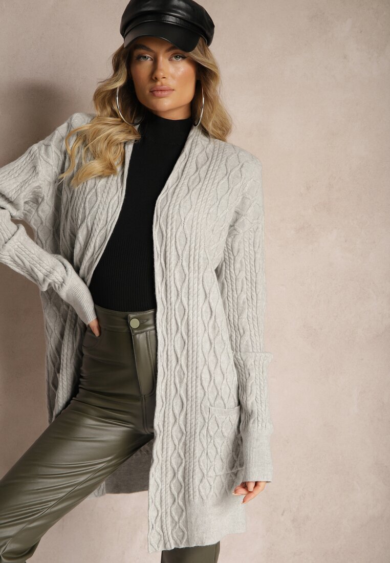  Cardigan Gri tip pulover cu croială lungă decorat în relief Vailithe