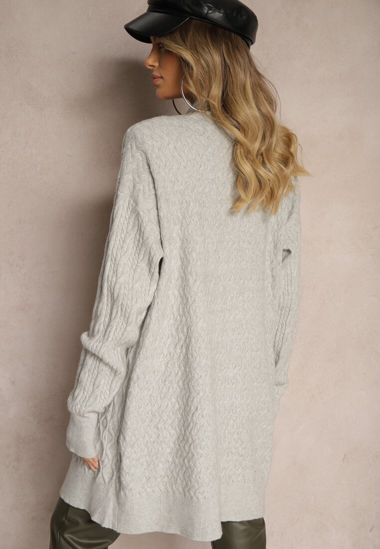  Cardigan Gri tip pulover cu croială lungă decorat în relief Vailithe