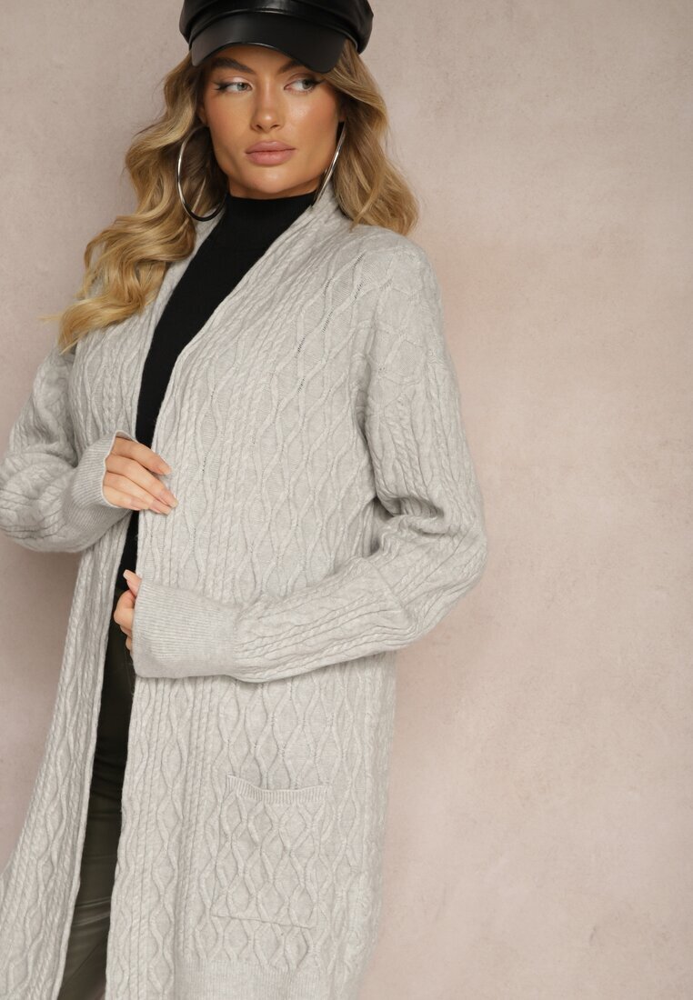  Cardigan Gri tip pulover cu croială lungă decorat în relief Vailithe