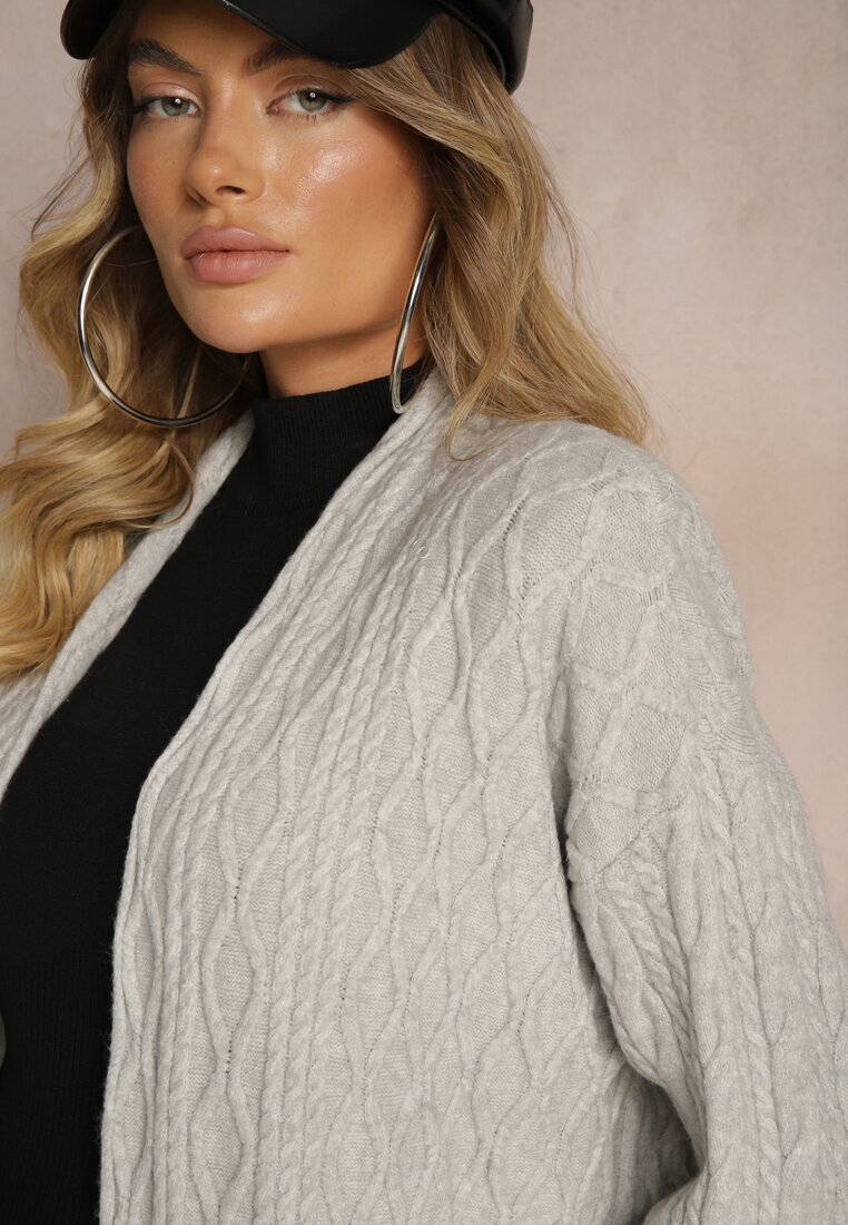  Cardigan Gri tip pulover cu croială lungă decorat în relief Vailithe