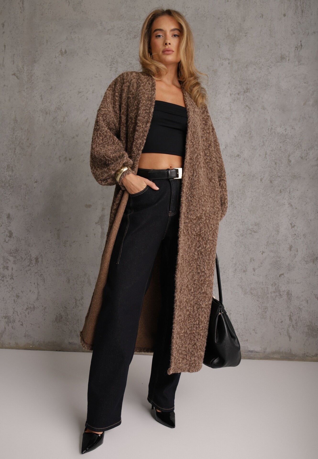  Cardigan Maro Deschis Lung Decorat cu Mâneci Largi Tifilina