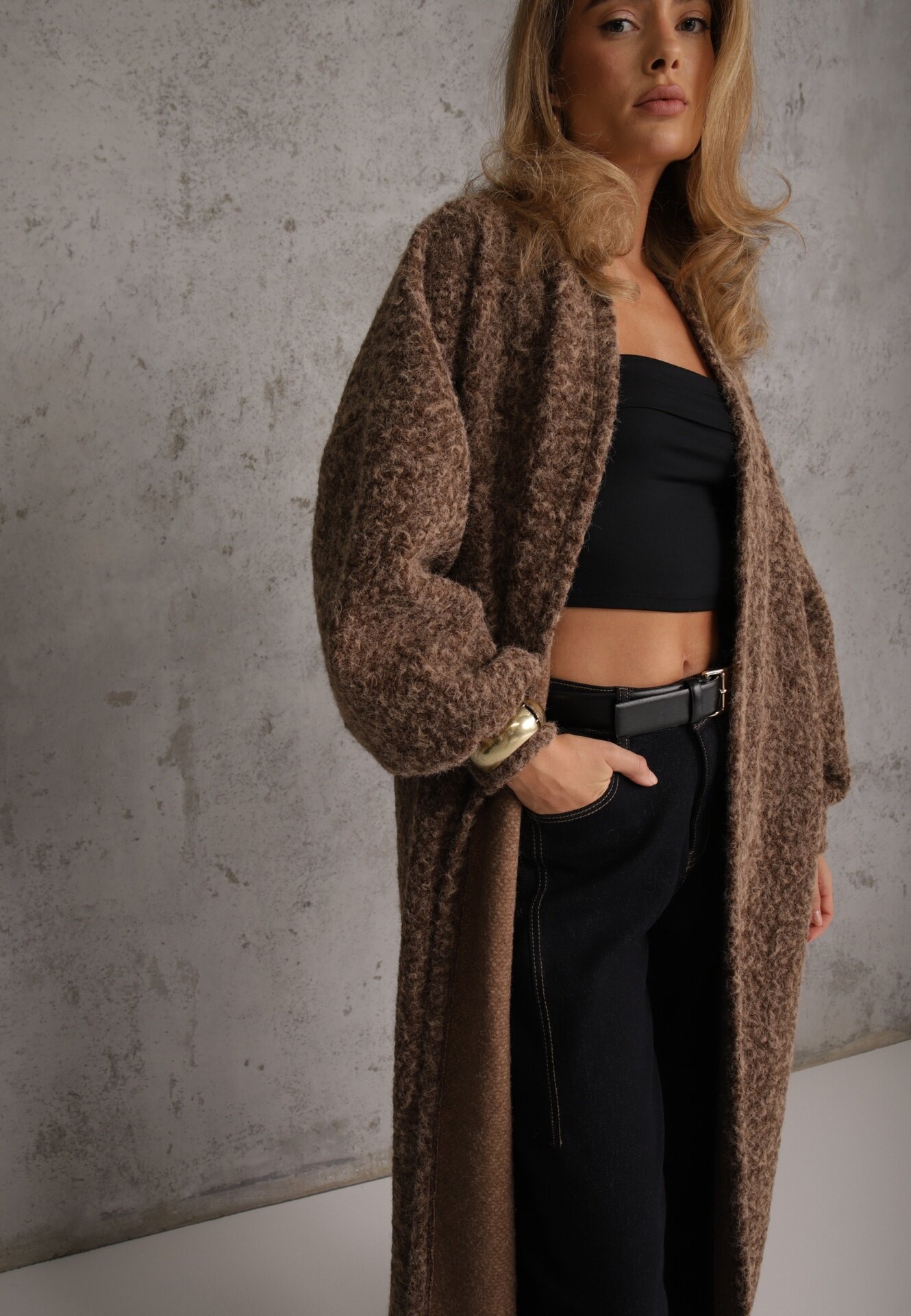  Cardigan Maro Deschis Lung Decorat cu Mâneci Largi Tifilina