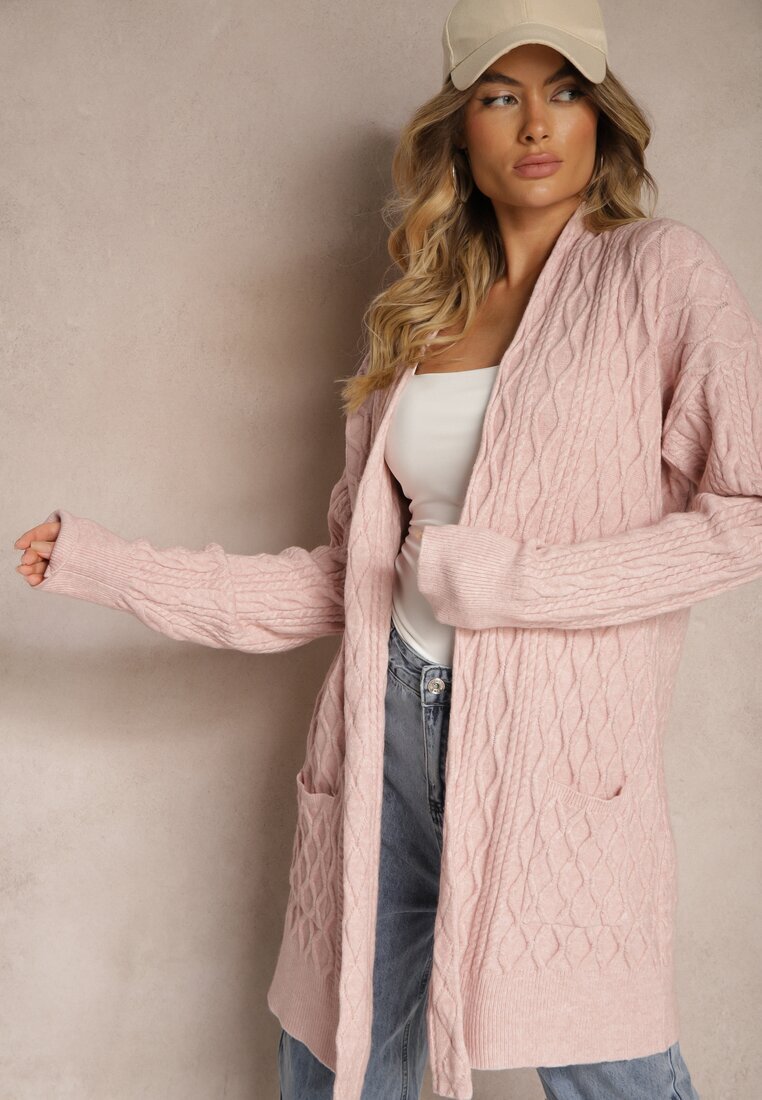  Cardigan Roz Neîncheiat Lung Cu Model În Relief Vailithe