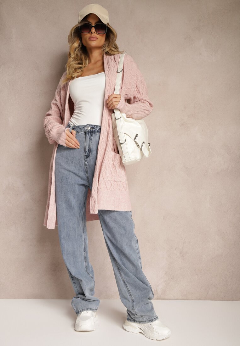  Cardigan Roz Neîncheiat Lung Cu Model În Relief Vailithe