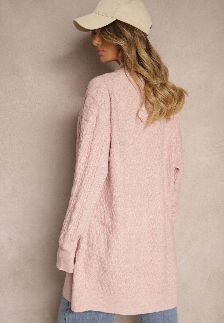  Cardigan Roz Neîncheiat Lung Cu Model În Relief Vailithe