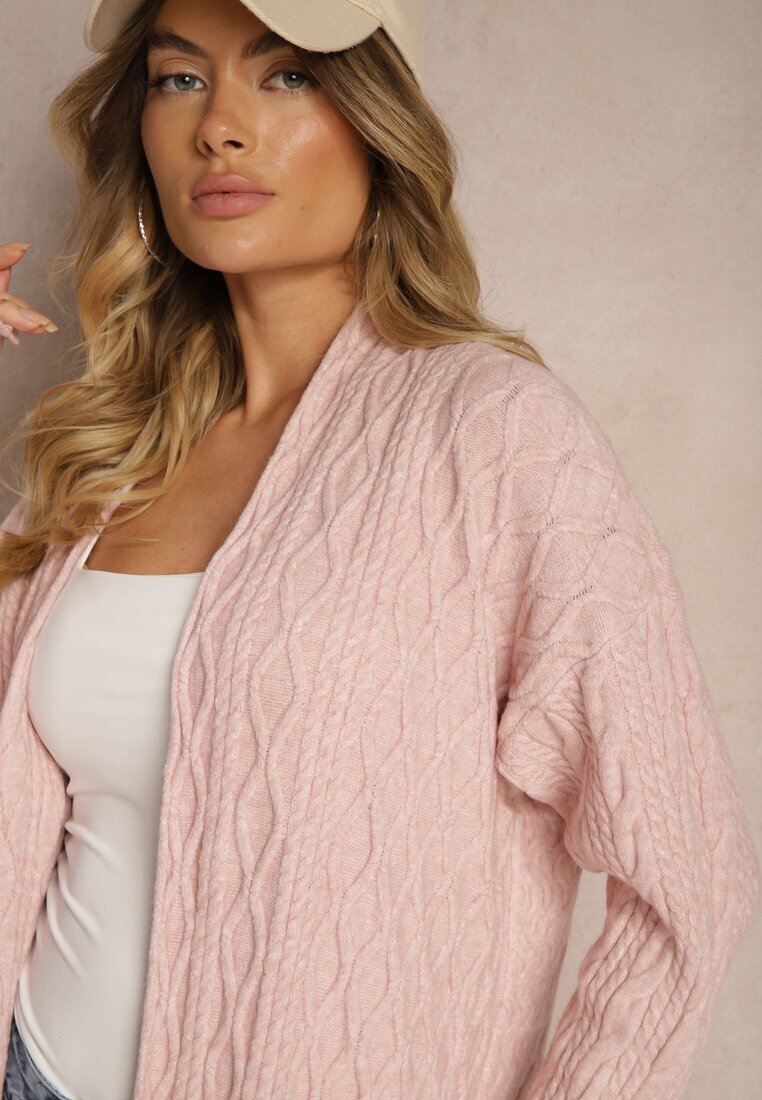  Cardigan Roz Neîncheiat Lung Cu Model În Relief Vailithe