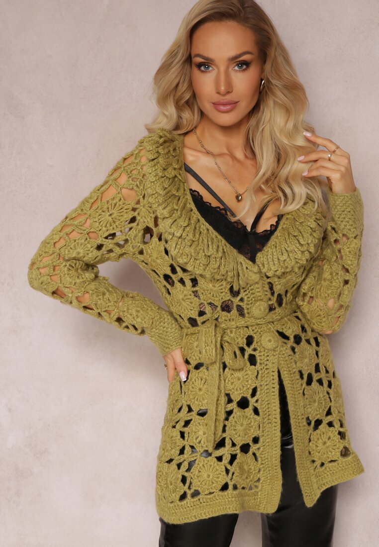  Cardigan Traforat Verde cu Cordon Legat Petrame