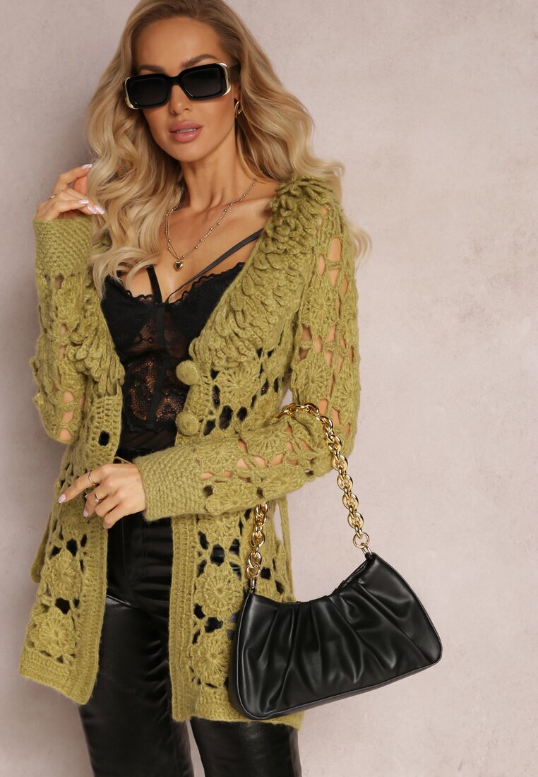  Cardigan Traforat Verde cu Cordon Legat Petrame