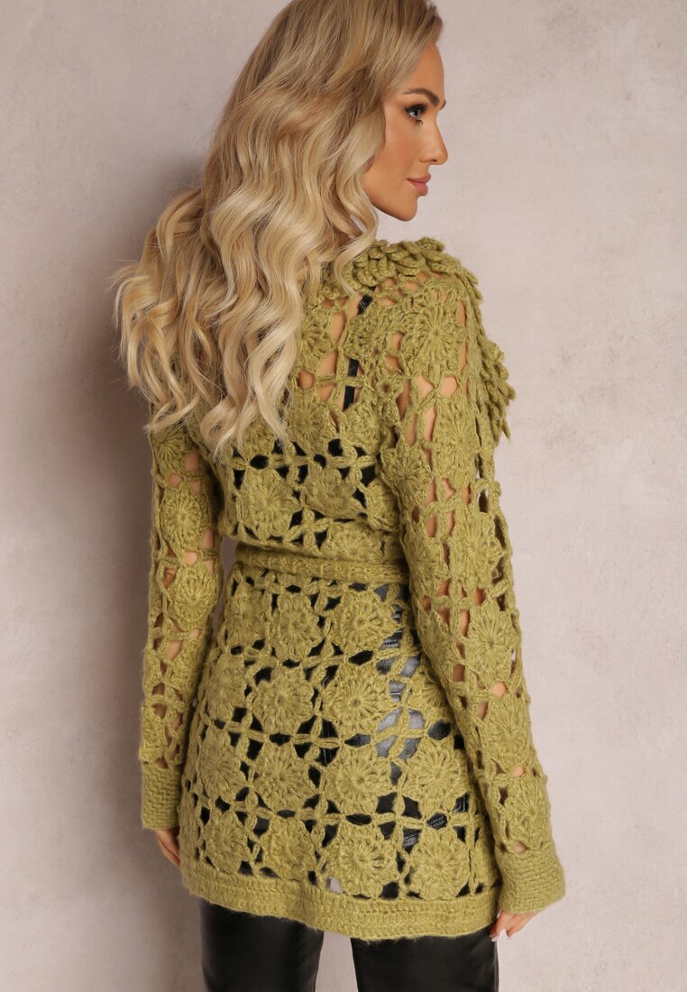  Cardigan Traforat Verde cu Cordon Legat Petrame