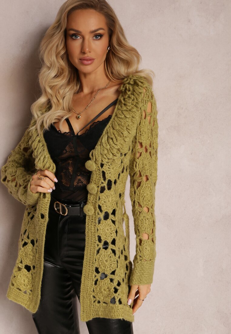  Cardigan Traforat Verde cu Cordon Legat Petrame