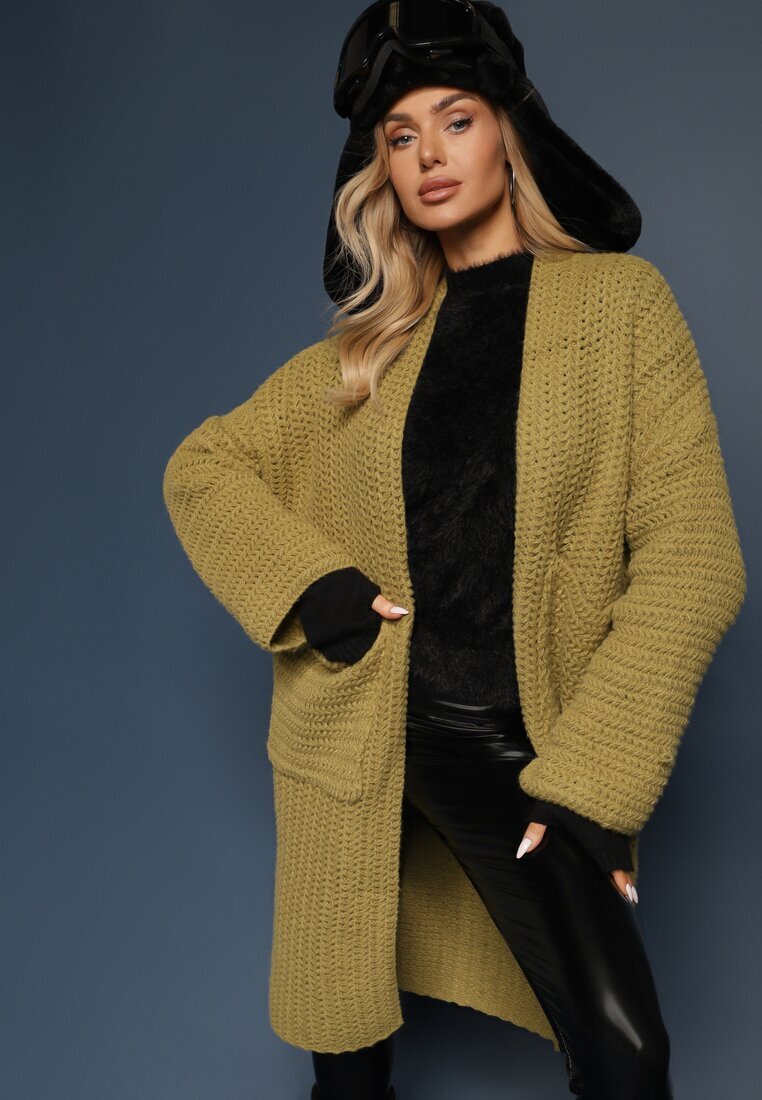  Cardigan Verde Fără închidere Decorat cu împletitură lejeră și cu buzunare laterale Calineth
