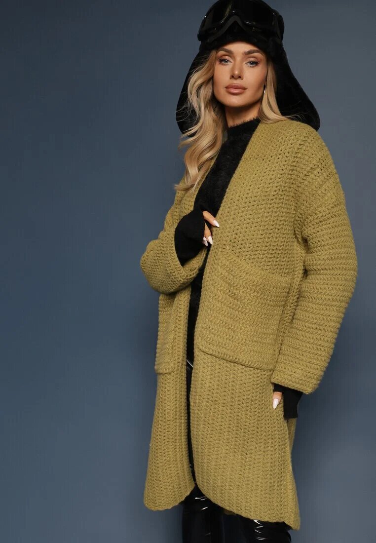  Cardigan Verde Fără închidere Decorat cu împletitură lejeră și cu buzunare laterale Calineth