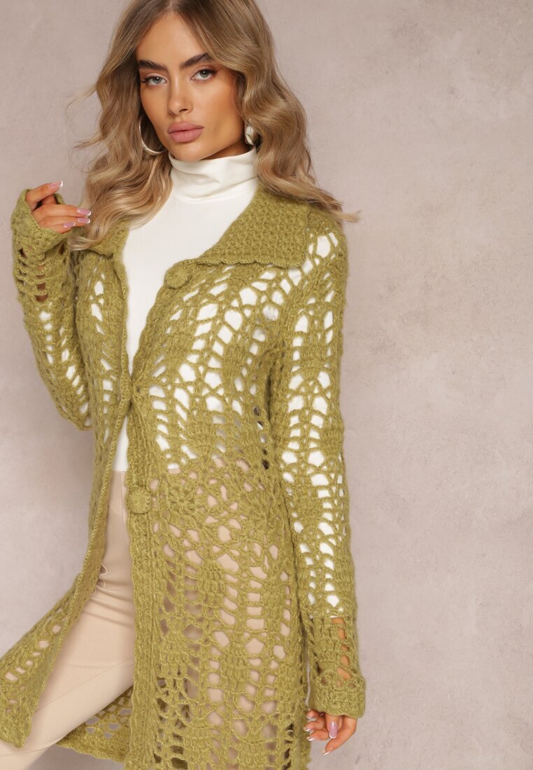  Cardigan Verde Larg Ajurat cu nasturi Sieneos