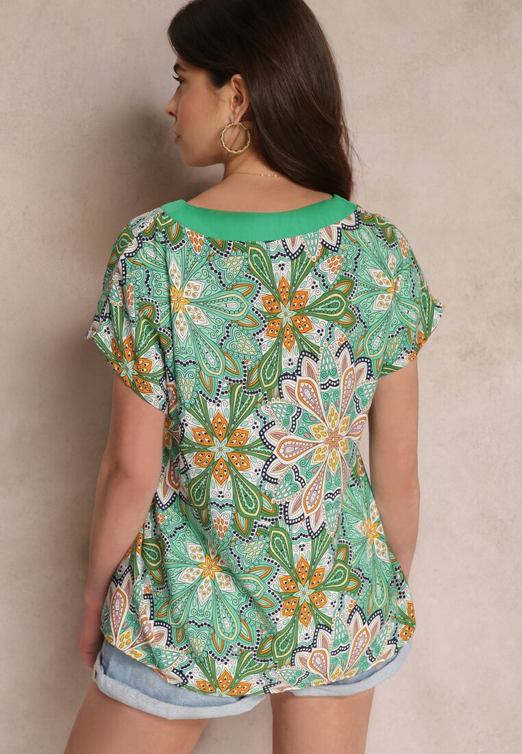 cflo Bluză Verde de Viscoză cu Mâneci Scurte cu Imprimeu Floral Gamila