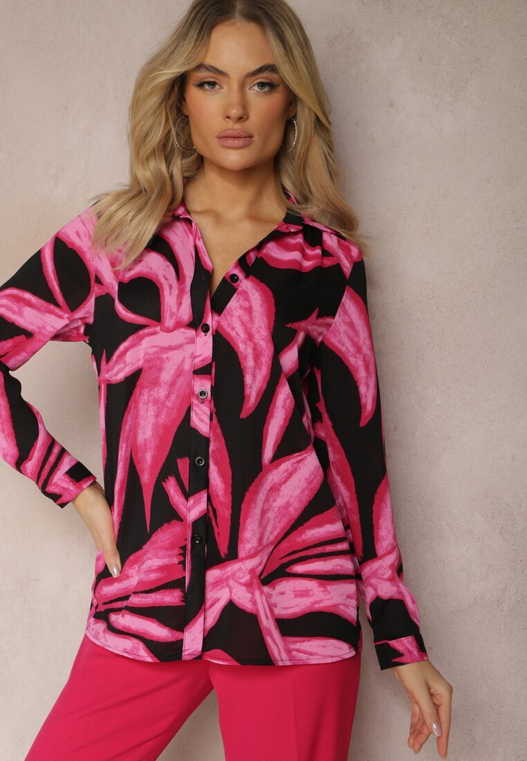 cflo Cămașă Fuchsia-Neagră cu Model Abstract în Stil Acuarelă Naanin