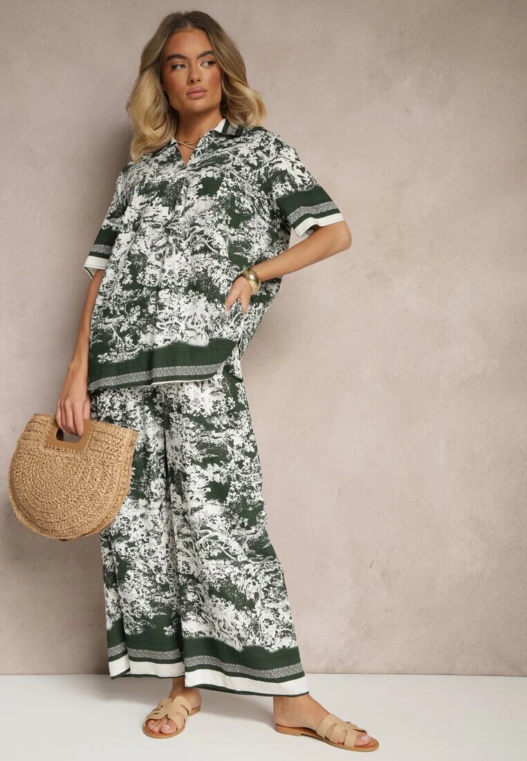 cflo Compleu Verde închis din Viscoză Cămașă și Pantaloni cu Motiv Floral Ridiene