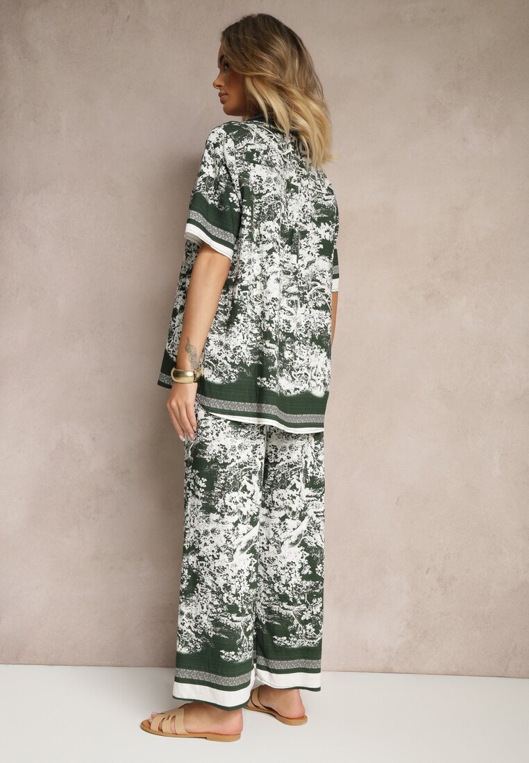 cflo Compleu Verde închis din Viscoză Cămașă și Pantaloni cu Motiv Floral Ridiene
