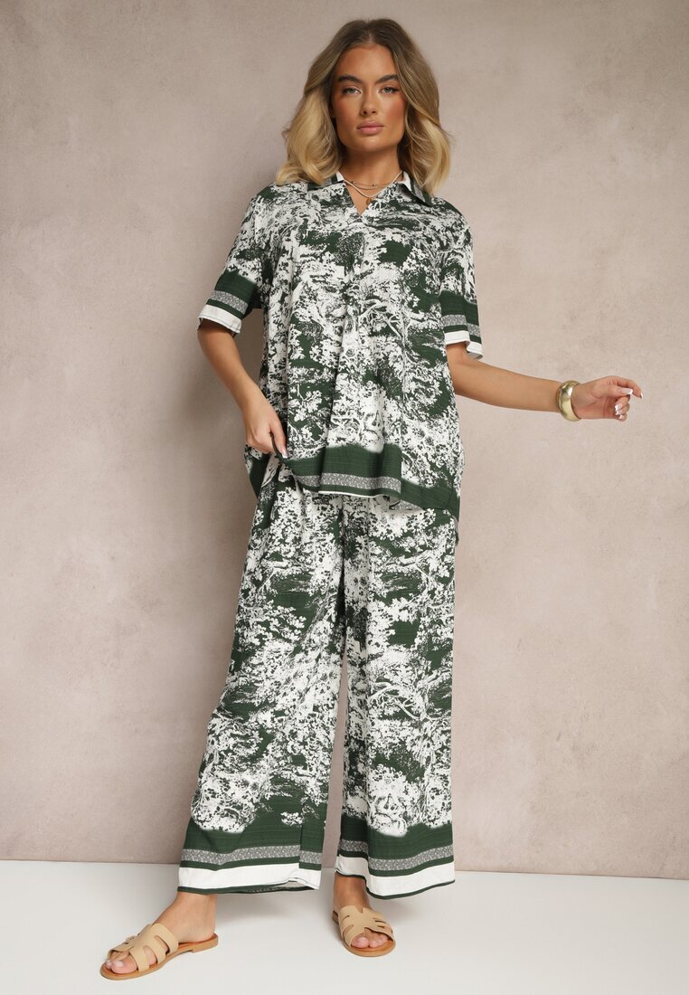 cflo Compleu Verde închis din Viscoză Cămașă și Pantaloni cu Motiv Floral Ridiene