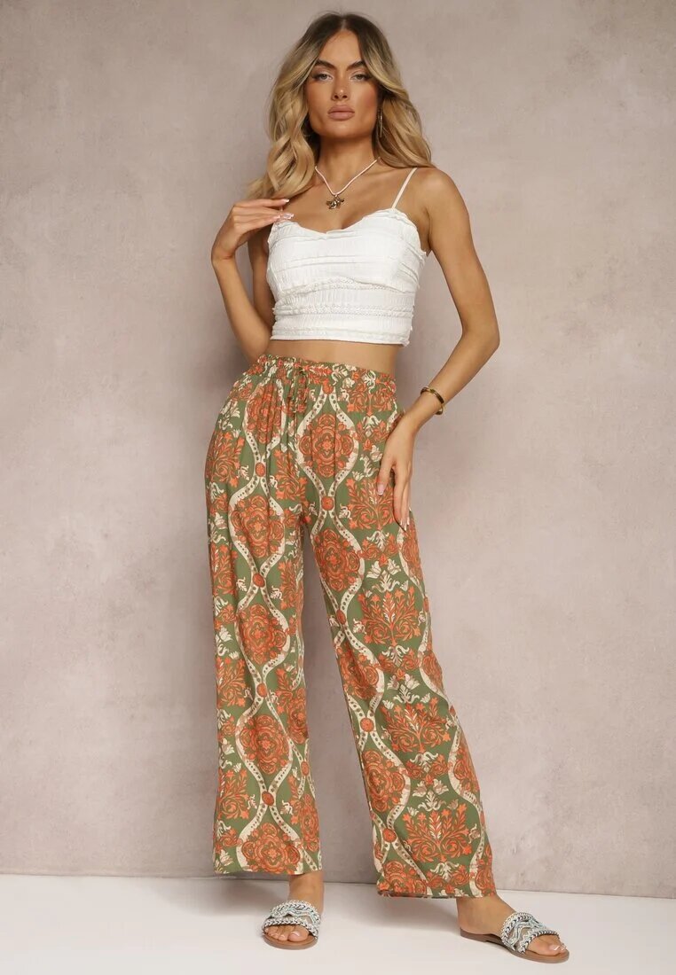 cflo Pantaloni bej închis din viscoză Boho Talie înaltă cu picioare largi și elastic în talie Tiamarra