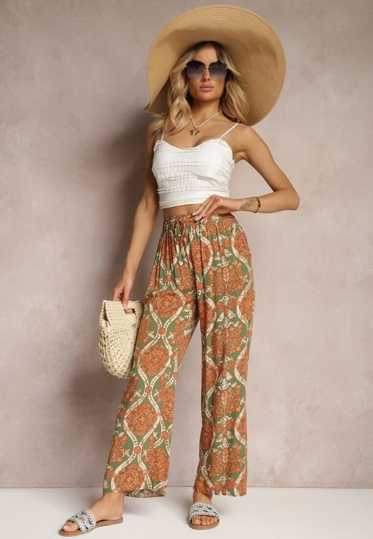cflo Pantaloni bej închis din viscoză Boho Talie înaltă cu picioare largi și elastic în talie Tiamarra